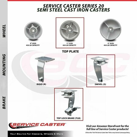 Service Caster 5'' Semi Steel Cast Iron Swivel Caster Set with Bronze Bearings 2 Brakes, 4PK SCC-20S520-SSBZ-2-TLB-2